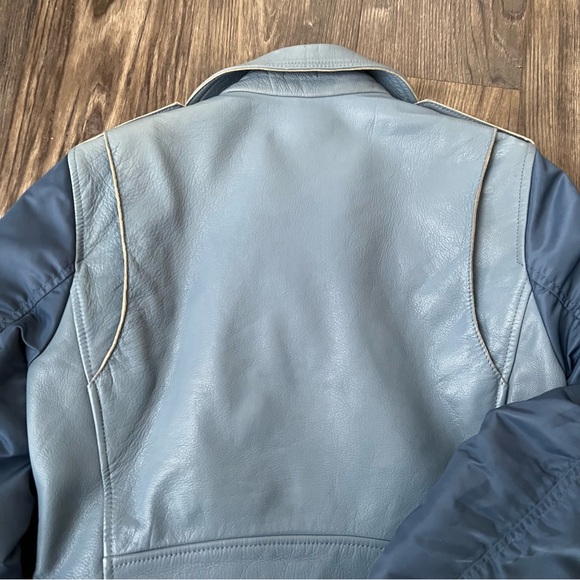 Sandro Blue Goat Leather Coat Biker Moto Bomber Jacket with Pleated Sleeves - Picture 8 of 16